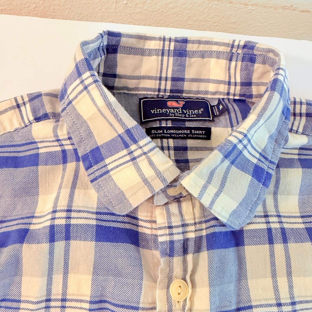 Vineyard Vines Slim Longshore Shirt Mens Medium Blue White Plaid Cotton Linen
